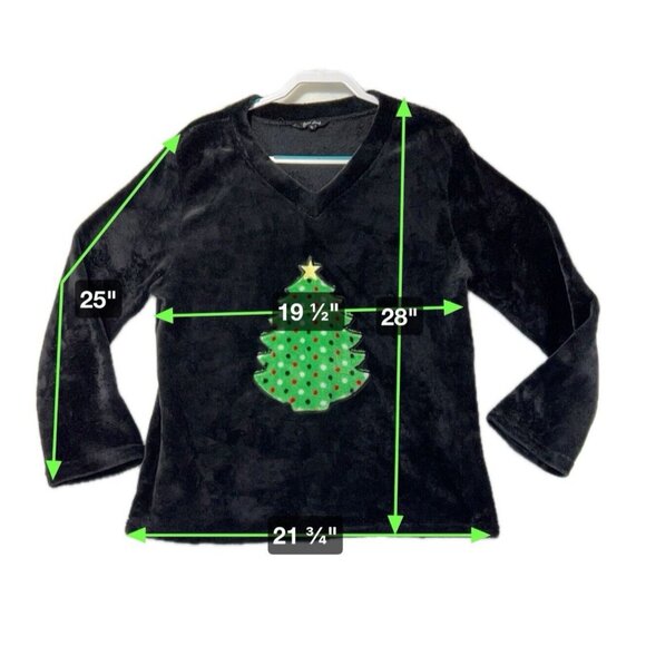 Vtg Just Love Christmas Tree XL Long Sleeve Velour Sweater Black Fleece Green - Picture 8 of 8
